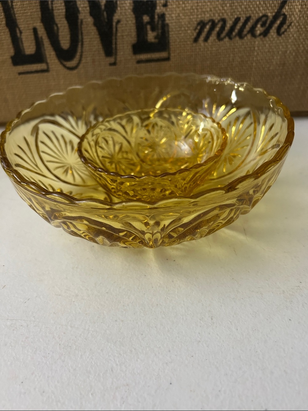 Amber Pressed Glass chip and dip Bowls - Set of 2